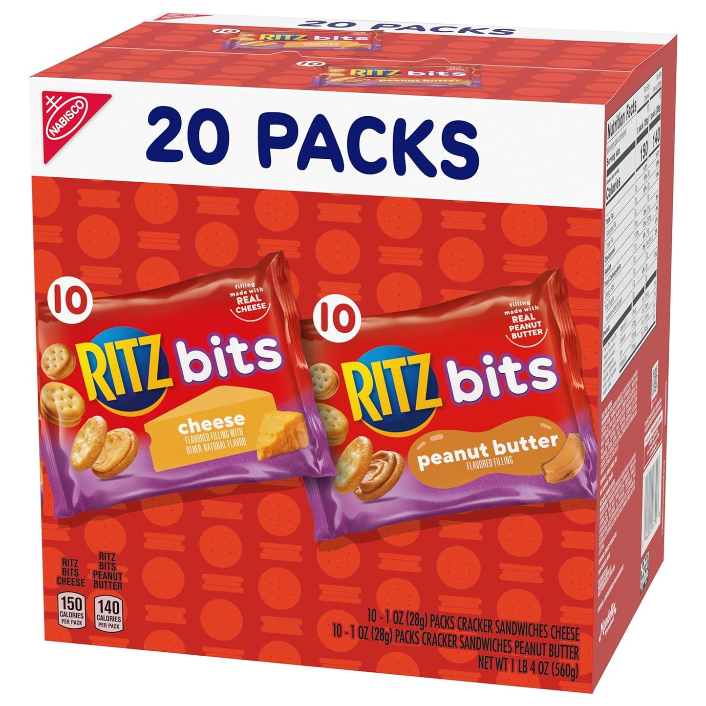 RITZ Bits Cheese and Peanut Butter Crackers Variety Pack – Kids Lunchbox Snack Packs for School and After-School, 20 Single-Serve Boxes