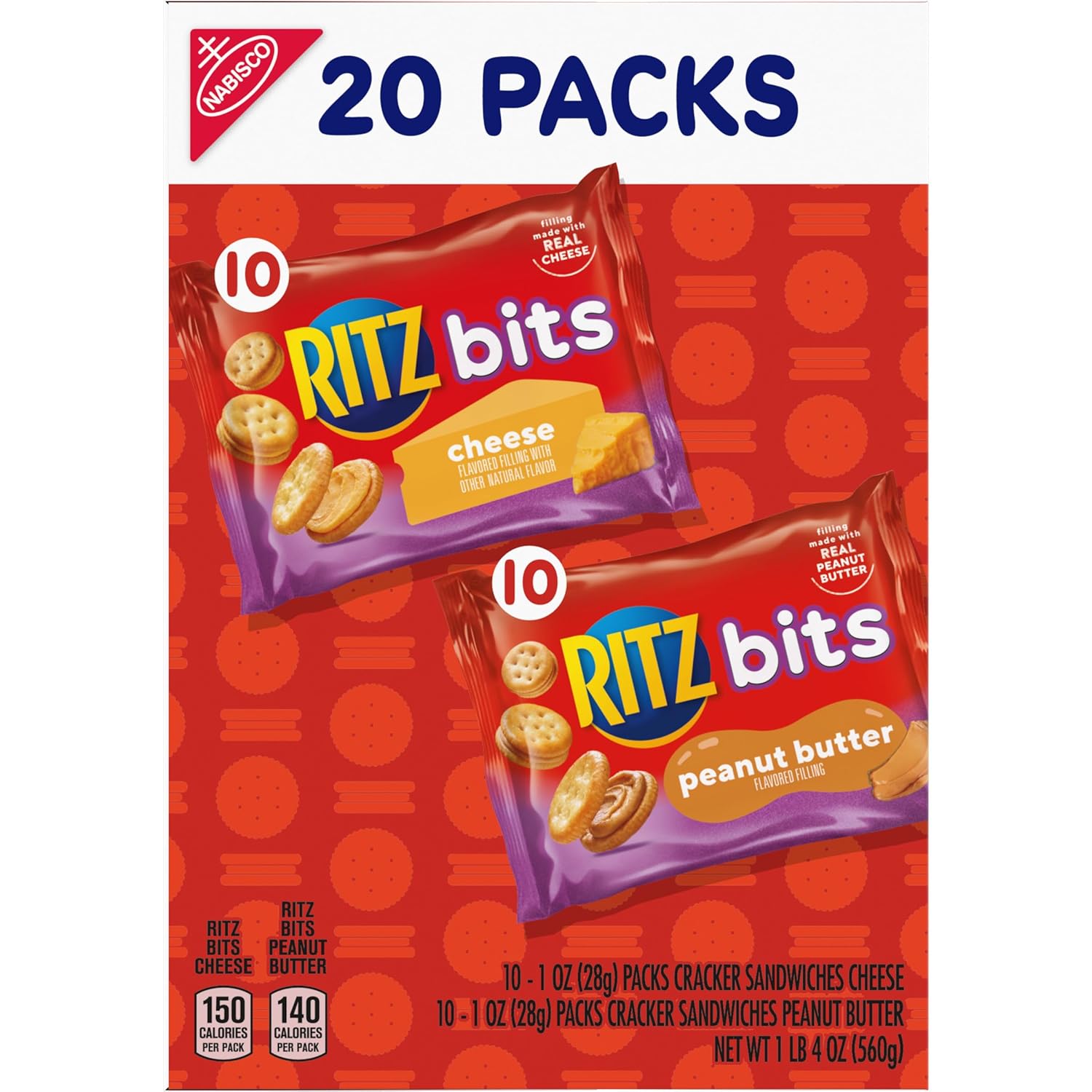 RITZ Bits Cheese and Peanut Butter Crackers Variety Pack – Kids Lunchbox Snack Packs for School and After-School, 20 Single-Serve Boxes