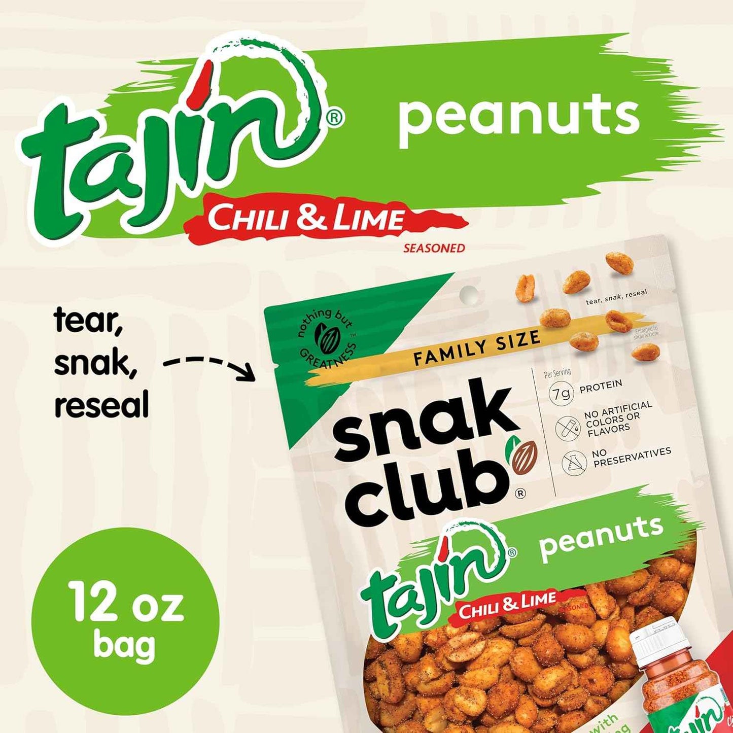 Snak Club Tajín Chili-Lime Peanuts – Kid-Friendly Mild Lunchbox Add-In with Protein, Gluten-Free, 12 oz Bag