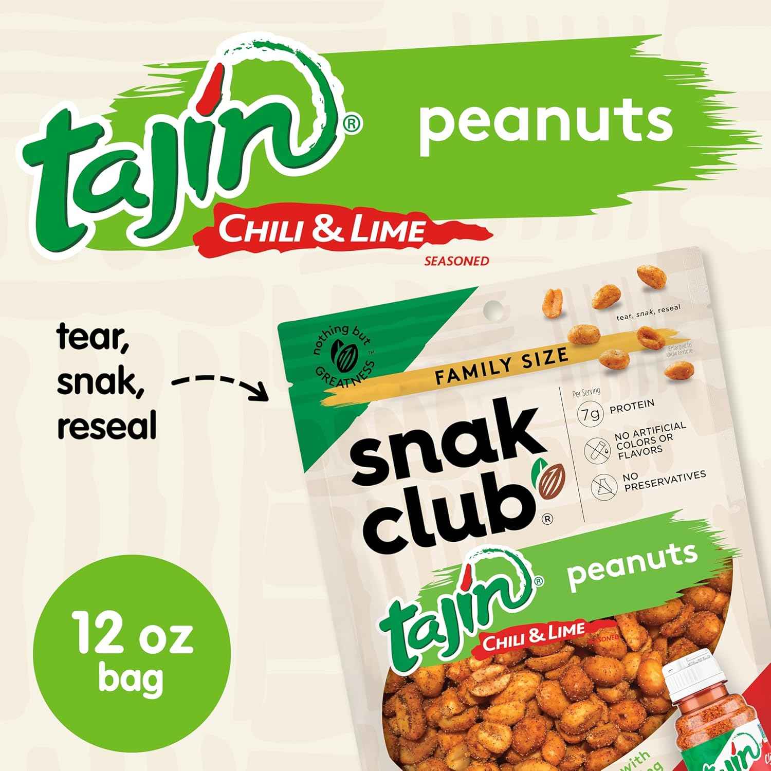 Snak Club Tajín Chili-Lime Peanuts – Kid-Friendly Mild Lunchbox Add-In with Protein, Gluten-Free, 12 oz Bag
