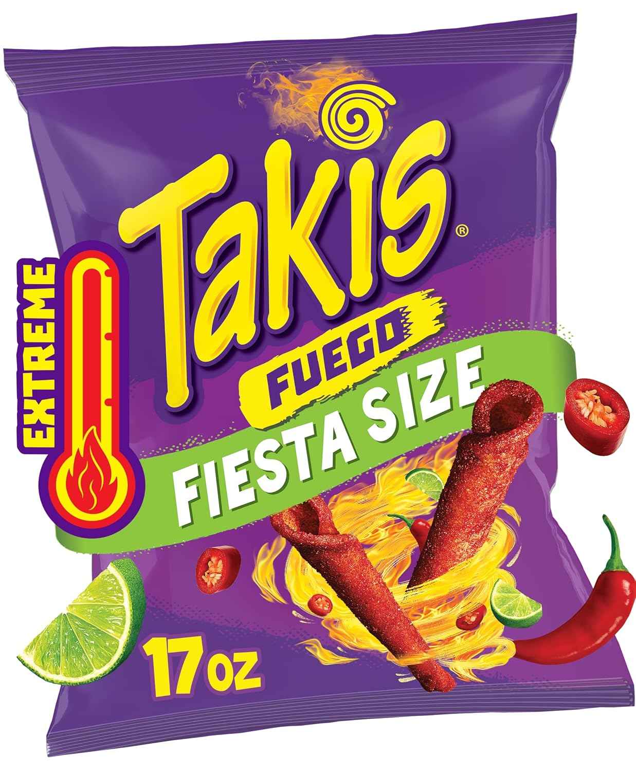 Takis Fuego Rolled Tortilla Chips — Lunchbox Treat for School Cafeteria, Chili Lime Spicy Snack for Kids