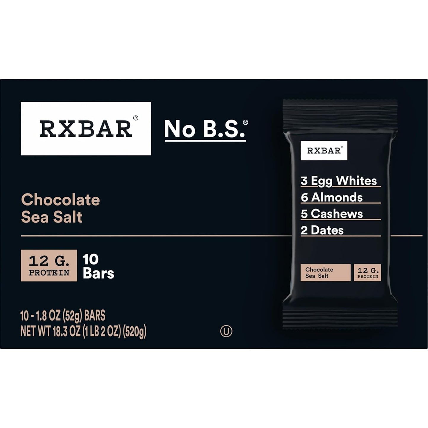 RXBAR Chocolate Sea Salt Protein Bars – 12g Protein Desk Snack for Office Focus and Afternoon Productivity, 10 Count
