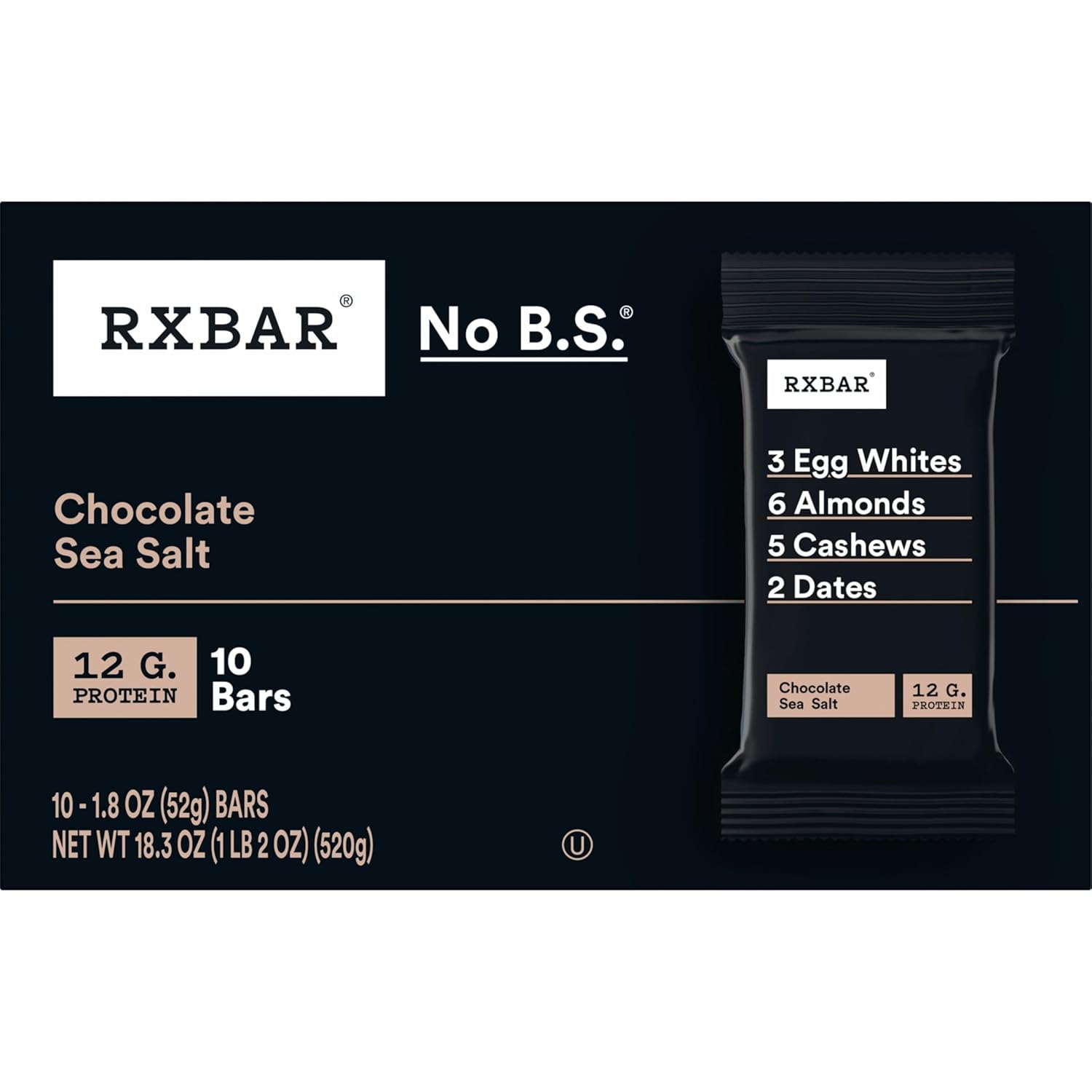 RXBAR Chocolate Sea Salt Protein Bars – 12g Protein Desk Snack for Office Focus and Afternoon Productivity, 10 Count
