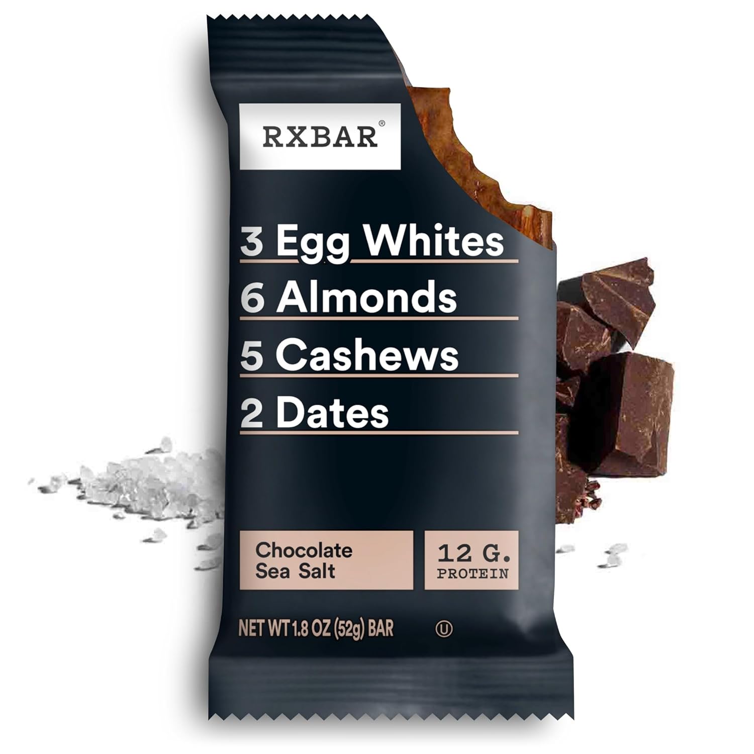 RXBAR Chocolate Sea Salt Protein Bars – 12g Protein Desk Snack for Office Focus and Afternoon Productivity, 10 Count