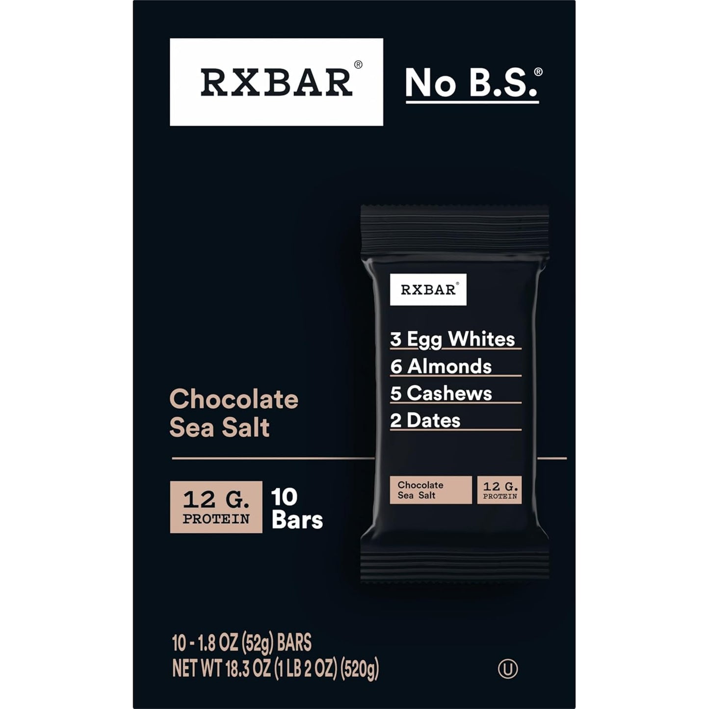 RXBAR Chocolate Sea Salt Protein Bars – 12g Protein Desk Snack for Office Focus and Afternoon Productivity, 10 Count