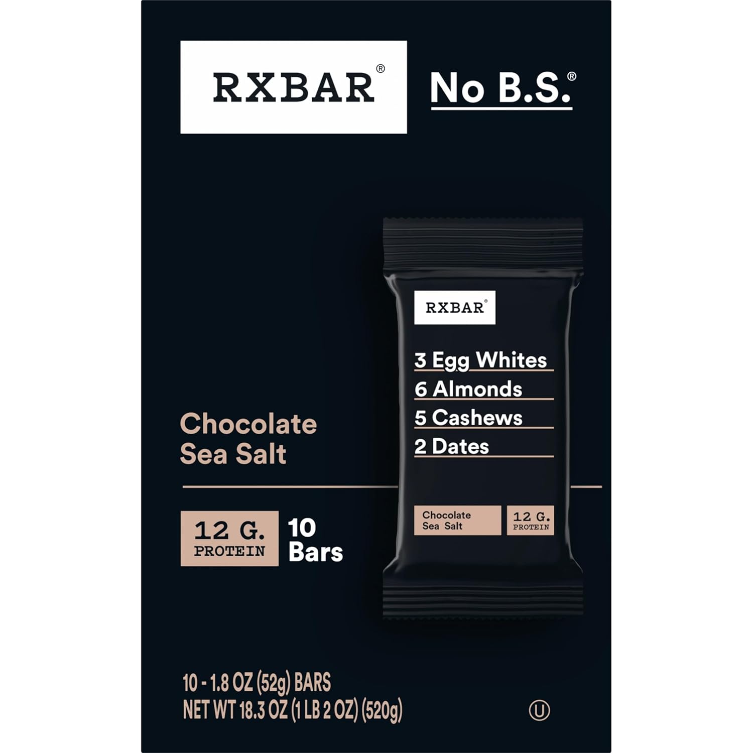 RXBAR Chocolate Sea Salt Protein Bars – 12g Protein Desk Snack for Office Focus and Afternoon Productivity, 10 Count