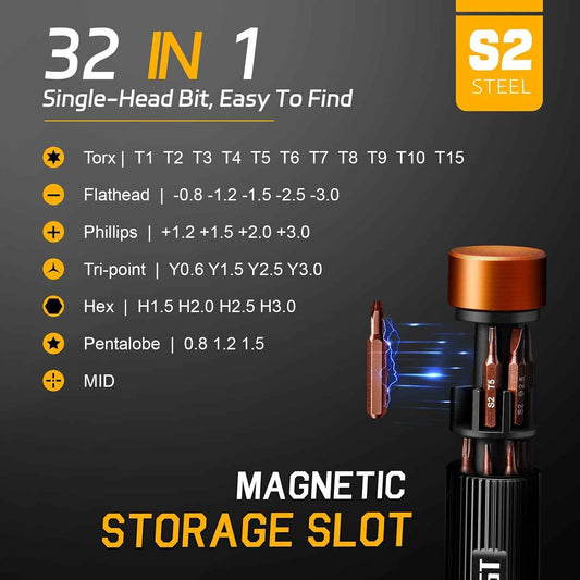 JOREST 32-in-1 Pen Screwdriver – Minimalist Tool Kit, Single Sleek Aluminum Driver Replacing Drawers of Specialty Bits