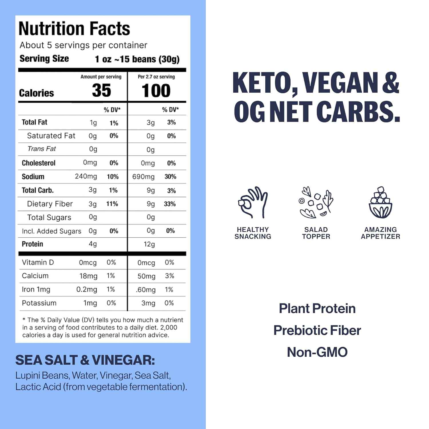 BRAMI Lupini Beans Sea Salt Vinegar – Simple Clean Ingredient Snack for Uncluttered Pantry, 5.3oz
