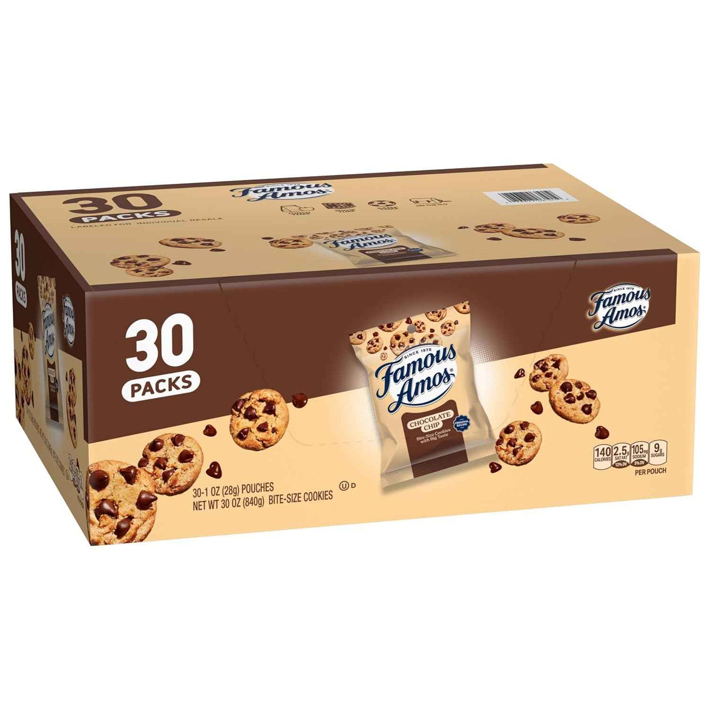 Famous Amos Bite-Size Chocolate Chip Cookies, 30 Count Single-Serve Packs for Halloween Treats and Holiday Gifting
