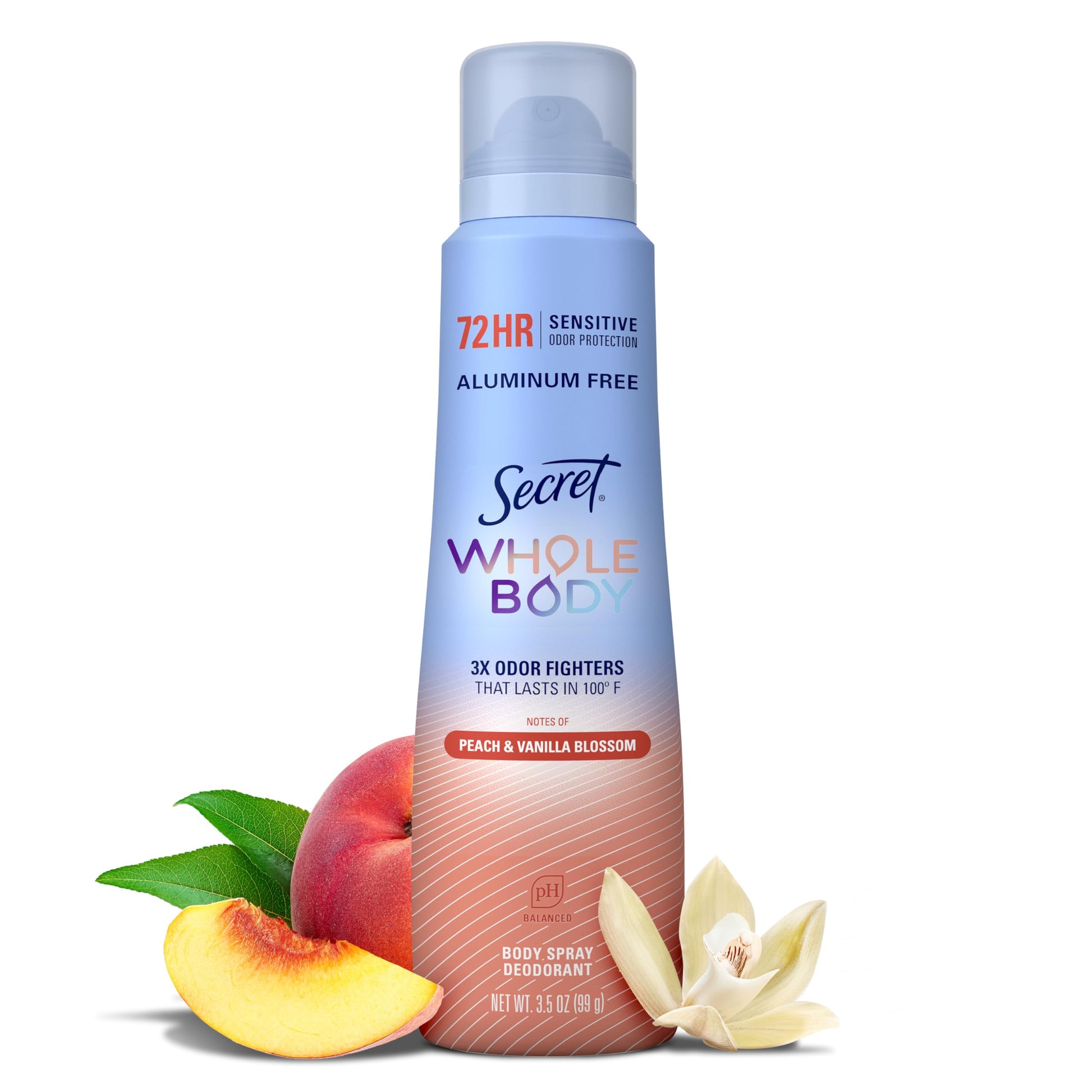Secret Aluminum Free Whole Body Deodorant Spray for Women, 72hr Sensitive Freshness &amp;amp; Odor Defense, PH Balanced, Invisible Protection, Safe to Use Everywhere, Peach &amp;amp; Vanilla Blossom Scent, 3.5 oz