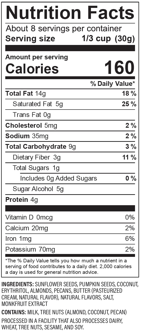 seed and nut base: sunflower seeds, pumpkin seeds, almonds, pecans, coconut