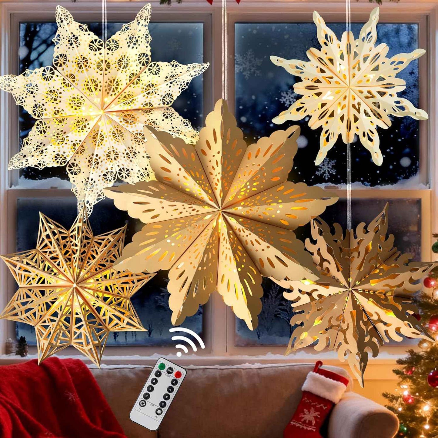 5Pcs Flameless Paper Snowflake Lanterns with LED – Smoke and Fire-Free Holiday Lighting Safe Around Kids, Pets and Curtains