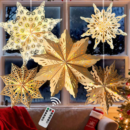 5Pcs Flameless Paper Snowflake Lanterns with LED – Smoke and Fire-Free Holiday Lighting Safe Around Kids, Pets and Curtains