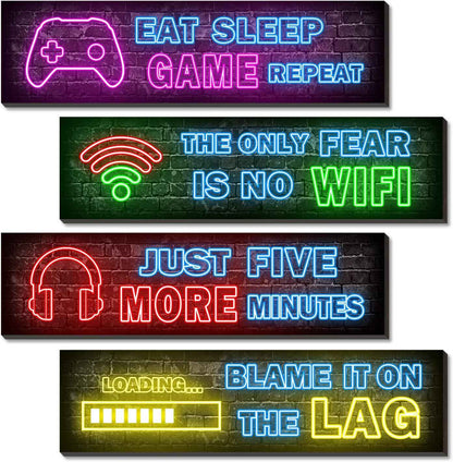 4 Pcs Printed Neon Gaming Posters – Neon Gamer Aesthetic for Bedroom Walls, Wooden Wall Art Set of 4