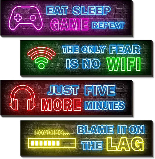 4 Pcs Printed Neon Gaming Posters – Neon Gamer Aesthetic for Bedroom Walls, Wooden Wall Art Set of 4