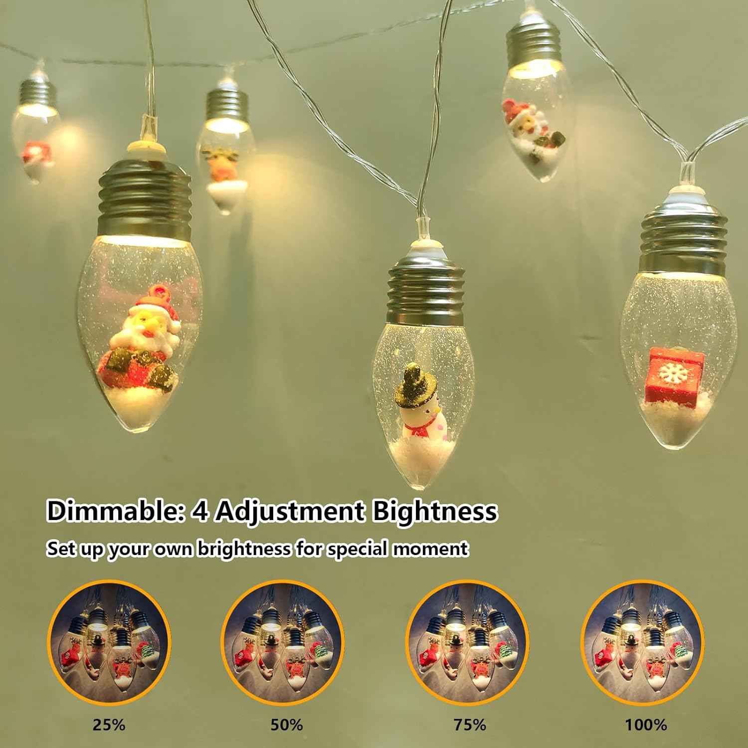 Aomike LED Snow Globe Fairy Lights – Cozy Living Room and Fireplace Mantel Accent Lighting, 10 Bulb Battery String 6.8ft Warm White
