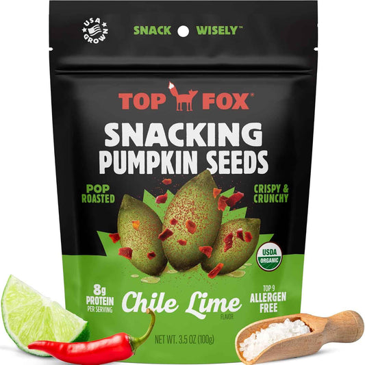 Top Fox Snacks Chile Lime Pumpkin Seeds 2 Pack - Allergen Free School Lunch Box Snack for Kids and Classroom Friendly
