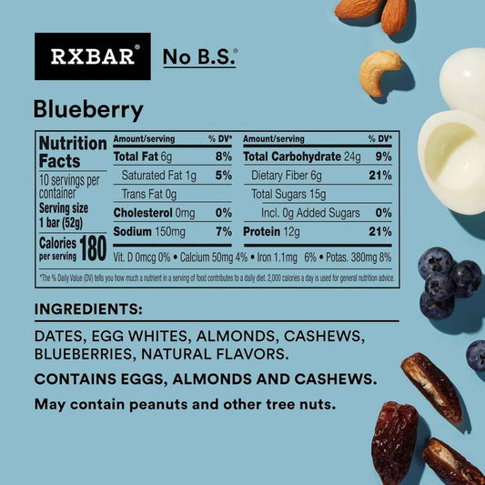 RXBAR Blueberry Protein Bar – Focus Fuel Snack for Busy Office Professionals, 10 Count Box