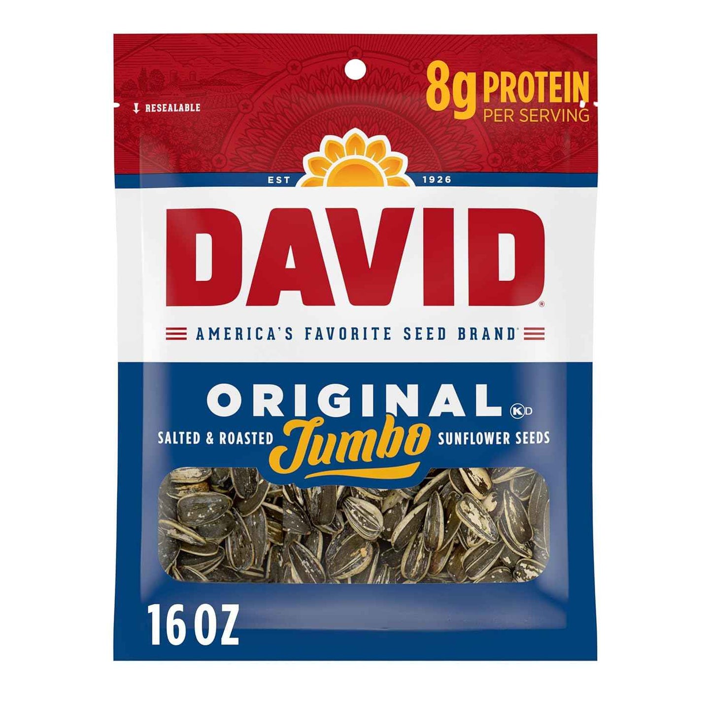 DAVID Jumbo Sunflower Seeds Original 16 oz – 2g Fiber Roasted Snack for Balanced Lifestyle and Gym Bag Fuel