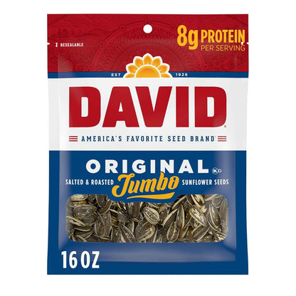 DAVID Jumbo Sunflower Seeds Original 16 oz – 2g Fiber Roasted Snack for Balanced Lifestyle and Gym Bag Fuel