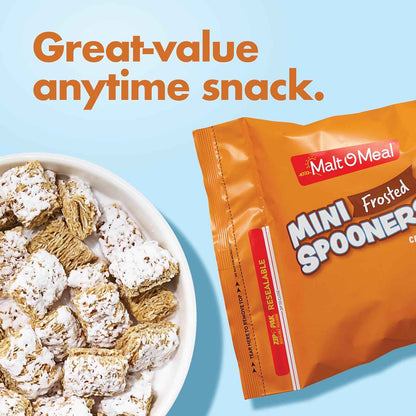 Malt-O-Meal Frosted Mini Spooners Shredded Wheat Cereal, 60 oz Resealable Bulk Bag – Grab-and-Go Commute Breakfast for the Car Cupholder and Office Desk