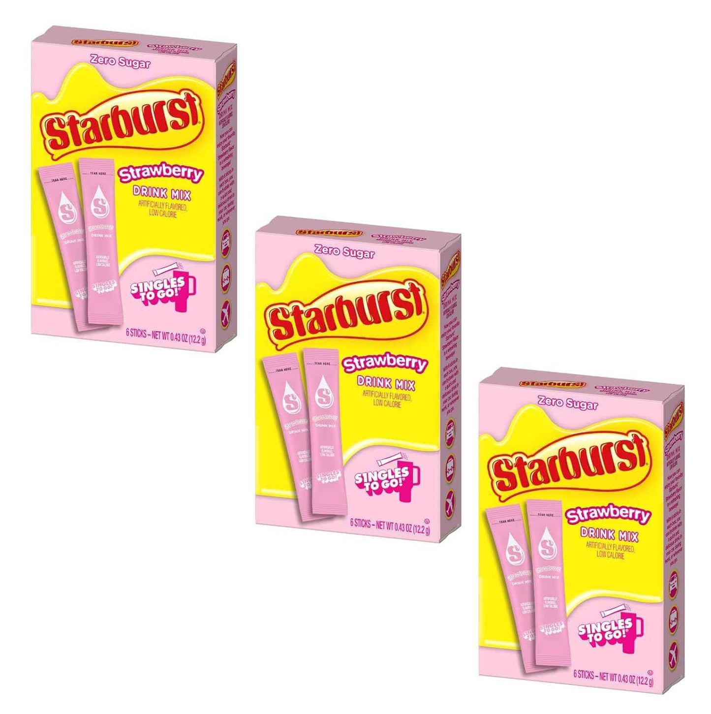 Starburst Singles To Go Powdered Drink Mix – Desk-Friendly Flavored Water for Office Workers, Single-Serve Sticks, 3 Pack of 18