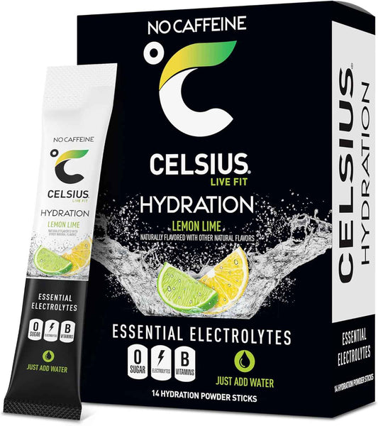 CELSIUS Hydration Sugar Free Electrolyte Powder – Lemon Lime Self Care Beverage Sticks for Post-Workout Recovery and Mindful Routines