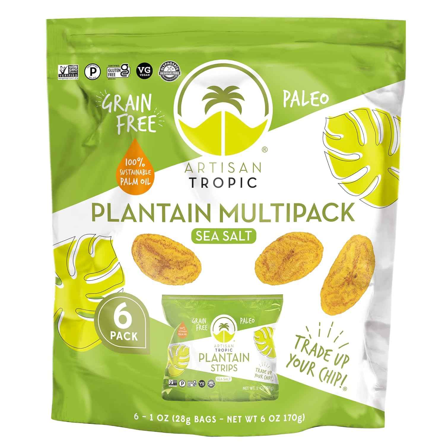 ARTISAN TROPIC Plantain Strips Sea Salt - Travel-Friendly Crunch for Road Trips and Flights, 1oz Bags