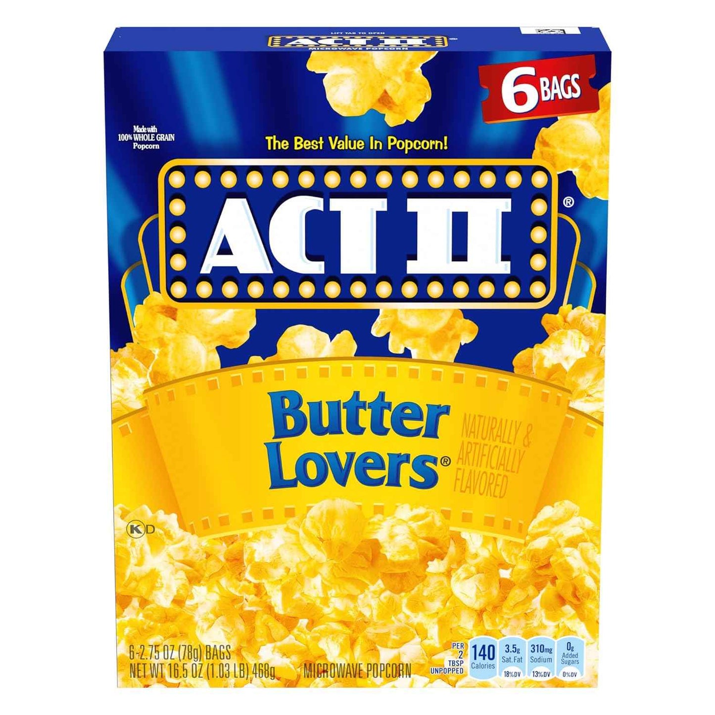 ACT II Butter Lovers Microwave Popcorn, 6 ct 2.75 oz Bags — 0g Trans Fat Mindful Snacking for the Home