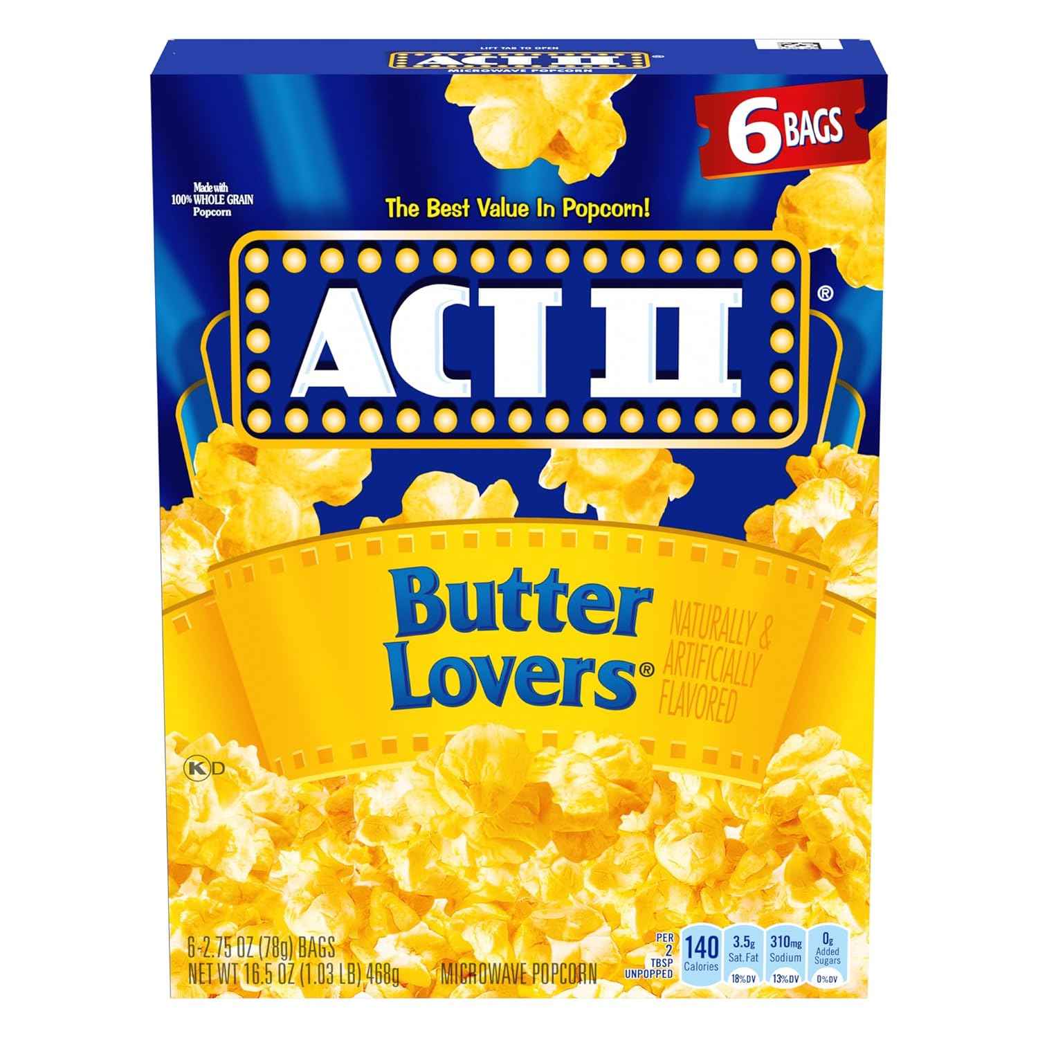 ACT II Butter Lovers Microwave Popcorn, 6 ct 2.75 oz Bags — 0g Trans Fat Mindful Snacking for the Home