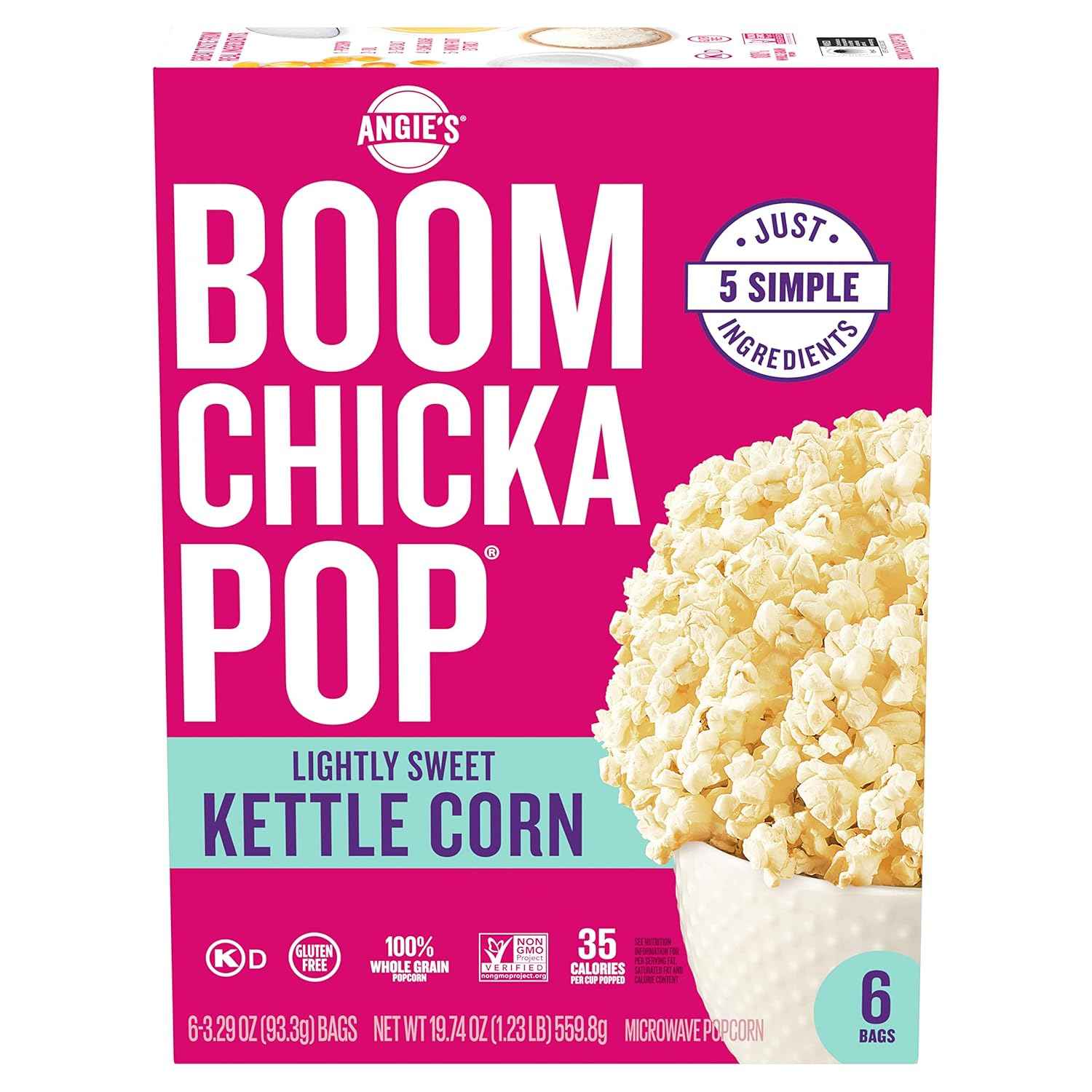 Angie's BOOMCHICKAPOP Lightly Sweet Kettle Corn Microwave Popcorn, 6-Count 3.29 oz Bags – Quick Office Snack for Desk Breaks and Shared Break Rooms