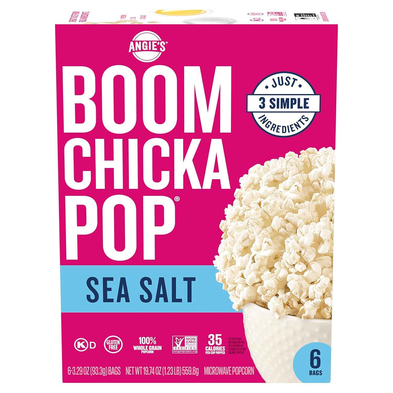 Angie's BOOMCHICKAPOP Sea Salt Microwave Popcorn, 6 ct – Four-Ingredient Snack for Intentional Clutter-Free Pantry
