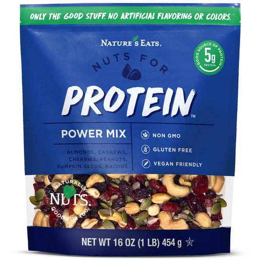 six-ingredient blend: almonds, cashews, peanuts, pumpkin seeds, cherries, and raisins