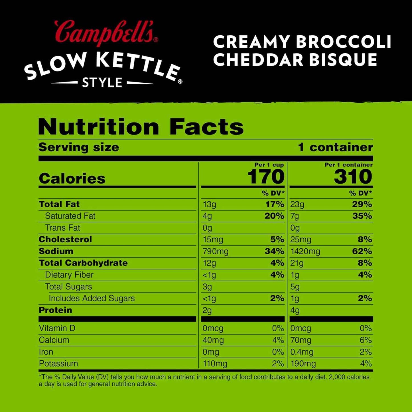 Campbell's Slow Kettle Creamy Broccoli Cheddar Bisque — Soft Texture Soup for Dental Recovery and Sensitive Stomachs, 15.5 oz Bowl