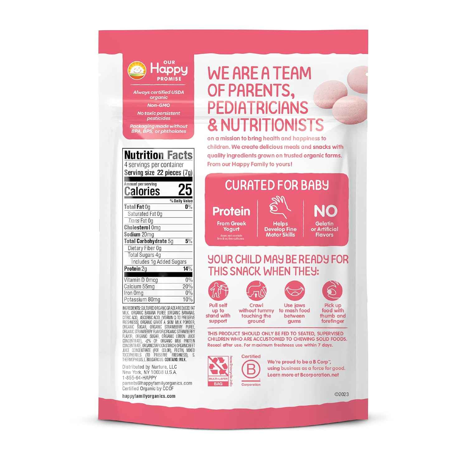 Happy Baby Organics Greek Yogis Baby-Safe Pincer Grasp Snacks for Nursery and Daycare, Strawberry Banana, 0.7 oz Pouch