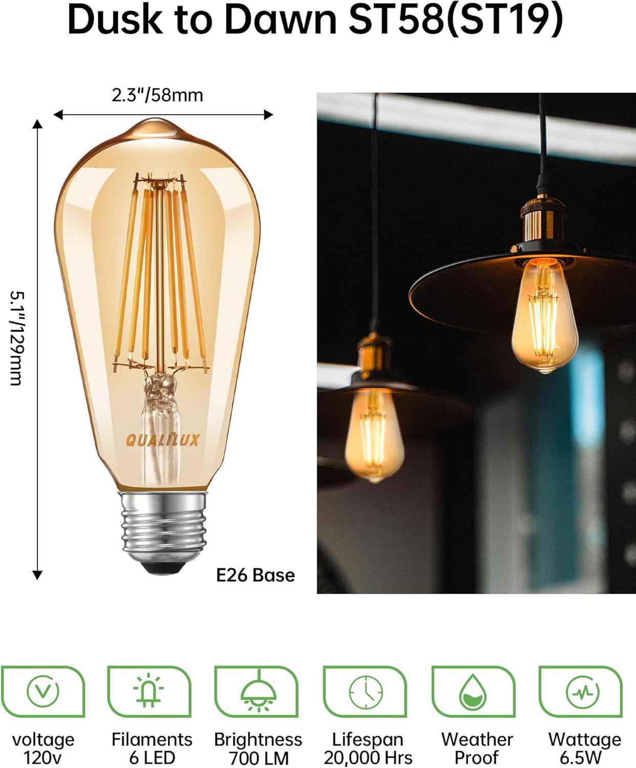 HQ-H027 Retro Filament LED Bulb for Vintage Sconces, Barn-Style Fixtures, and Coffee Bar Aesthetic, 2-Pack