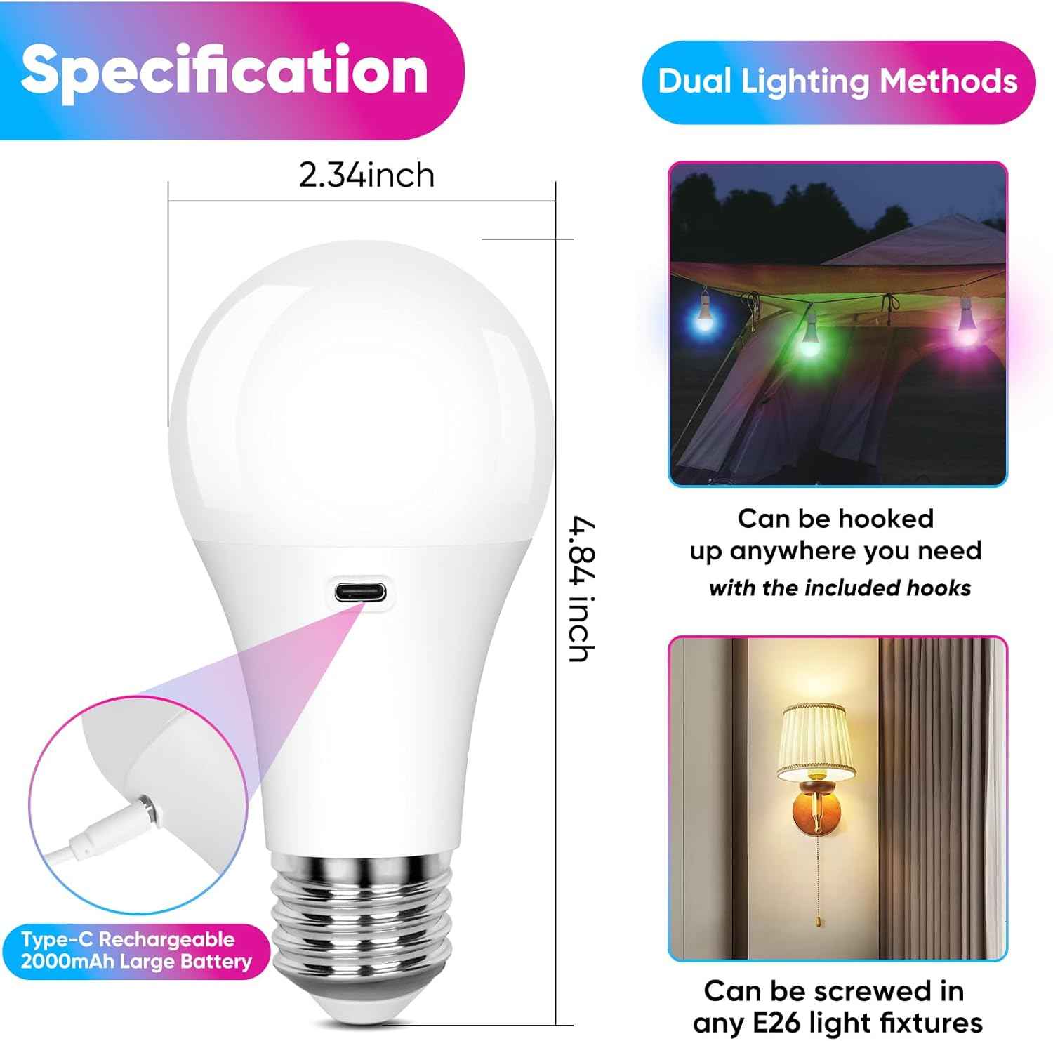 LuminWick Portable A19 LED Bulb – Camping Lantern with Hook for Tents, Picnics, and Backyard Parties