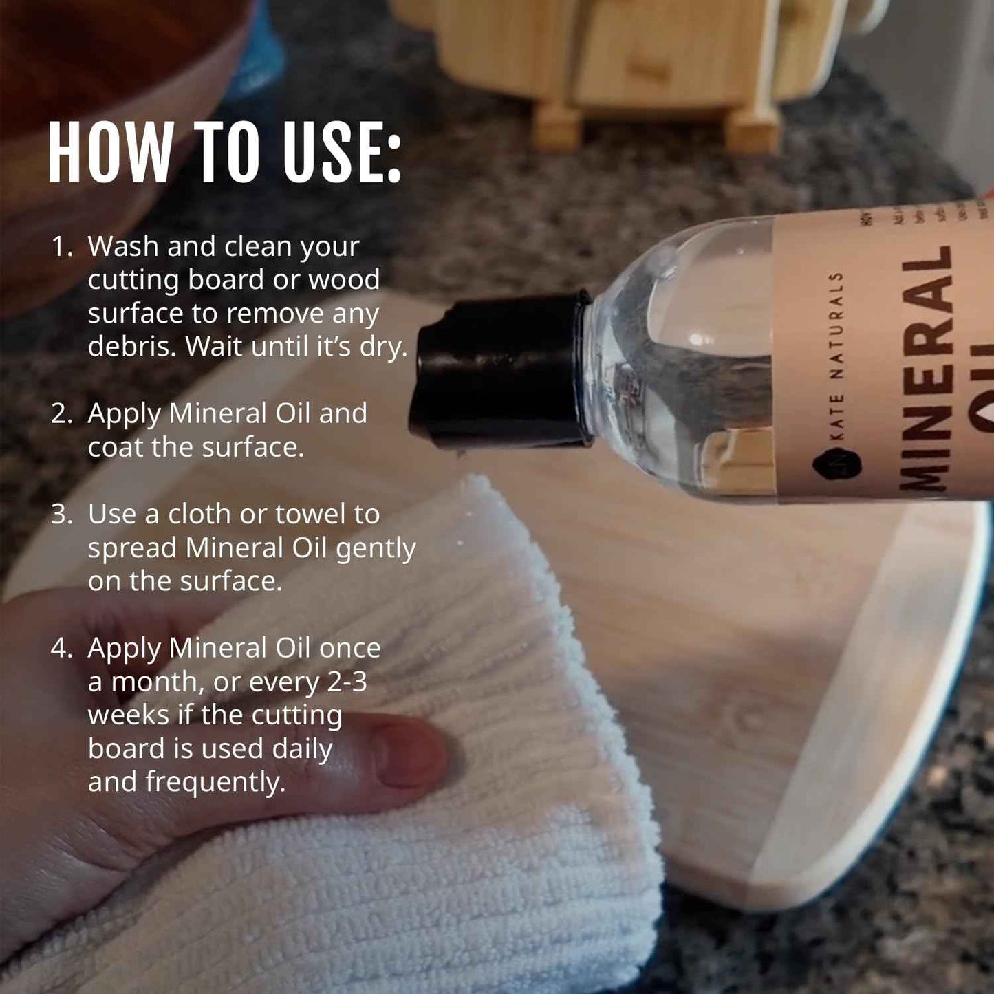 Kate Naturals Mineral Oil for Wood & Stone Surfaces – Butcher Block Countertop Sealer for a Polished Kitchen Aesthetic