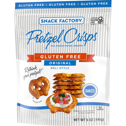 Snack Factory Pretzel Crisps Gluten Free – Lunchbox-Safe Crunch for Kids' School Snacks, Original Baked 5 oz Bag