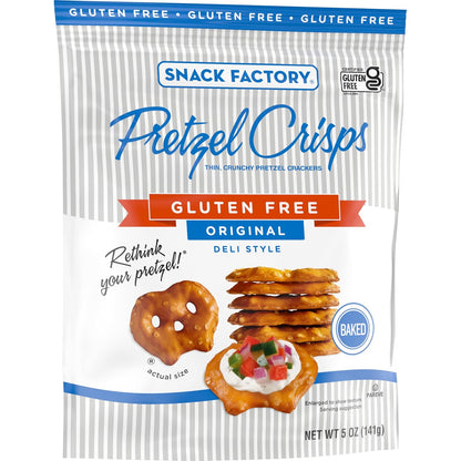 Snack Factory Pretzel Crisps Gluten Free – Lunchbox-Safe Crunch for Kids' School Snacks, Original Baked 5 oz Bag