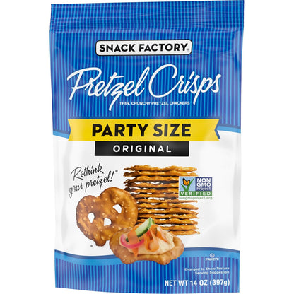 Snack Factory Pretzel Crisps Original Non-GMO 14 oz Party Size Bag for Backyard Patio and Picnic Dipping