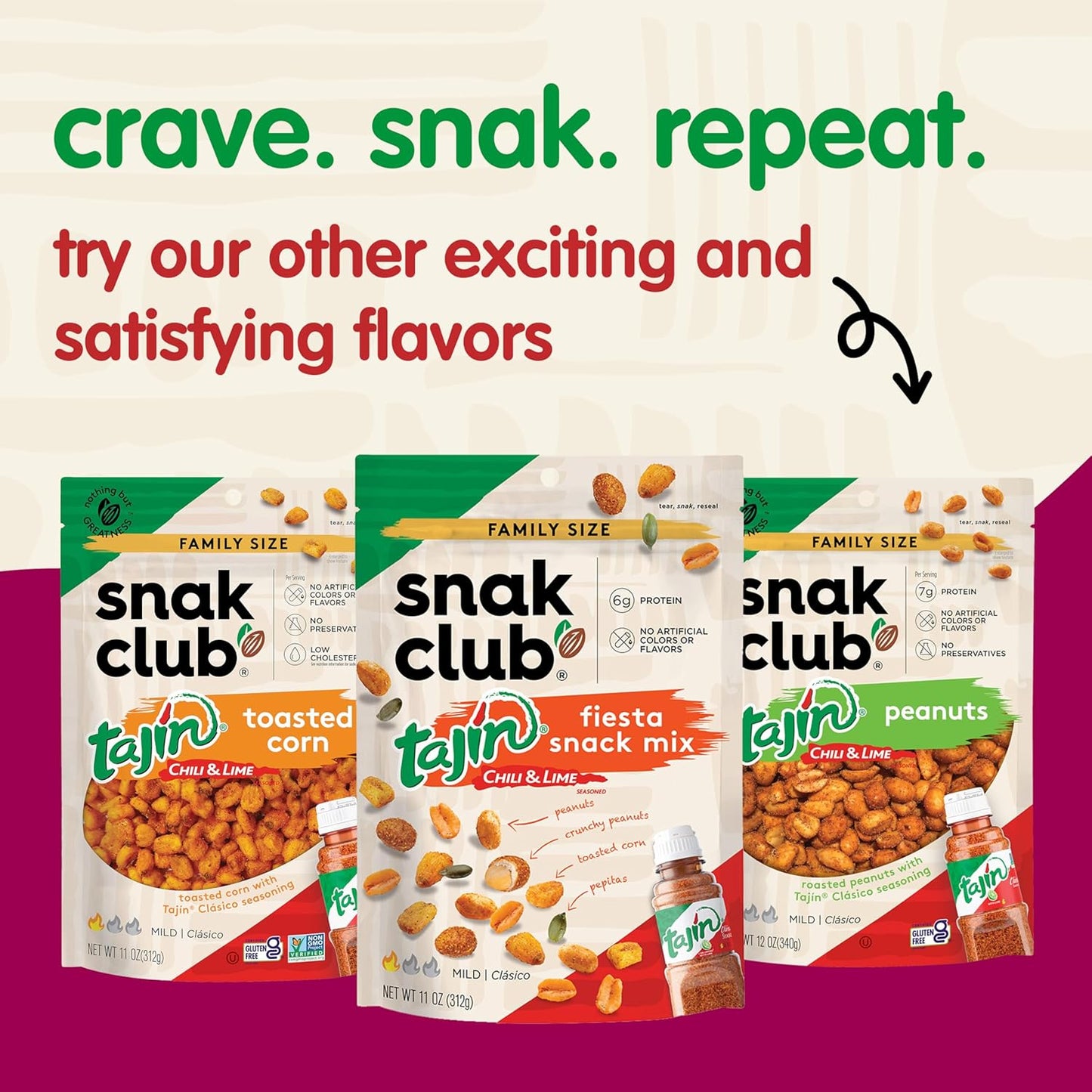 Snak Club Tajin Crunchy Peanuts – Road Trip Snack with Chili Lime Flavor and Resealable 10.5 oz Travel Pouch
