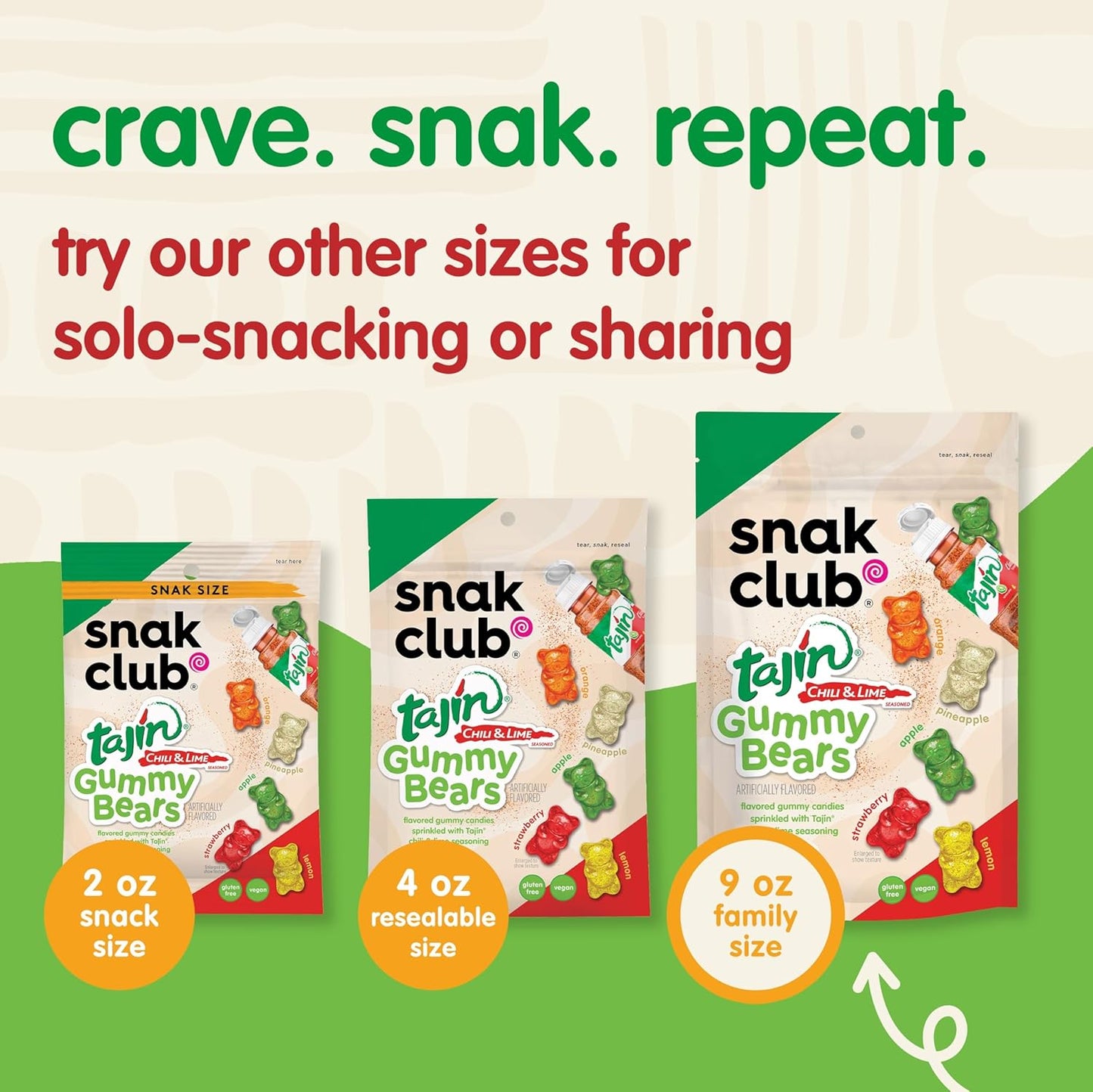 Snak Club Tajin Gummy Bears – Camping and Hiking Snack, Resealable Chili Lime Gummies