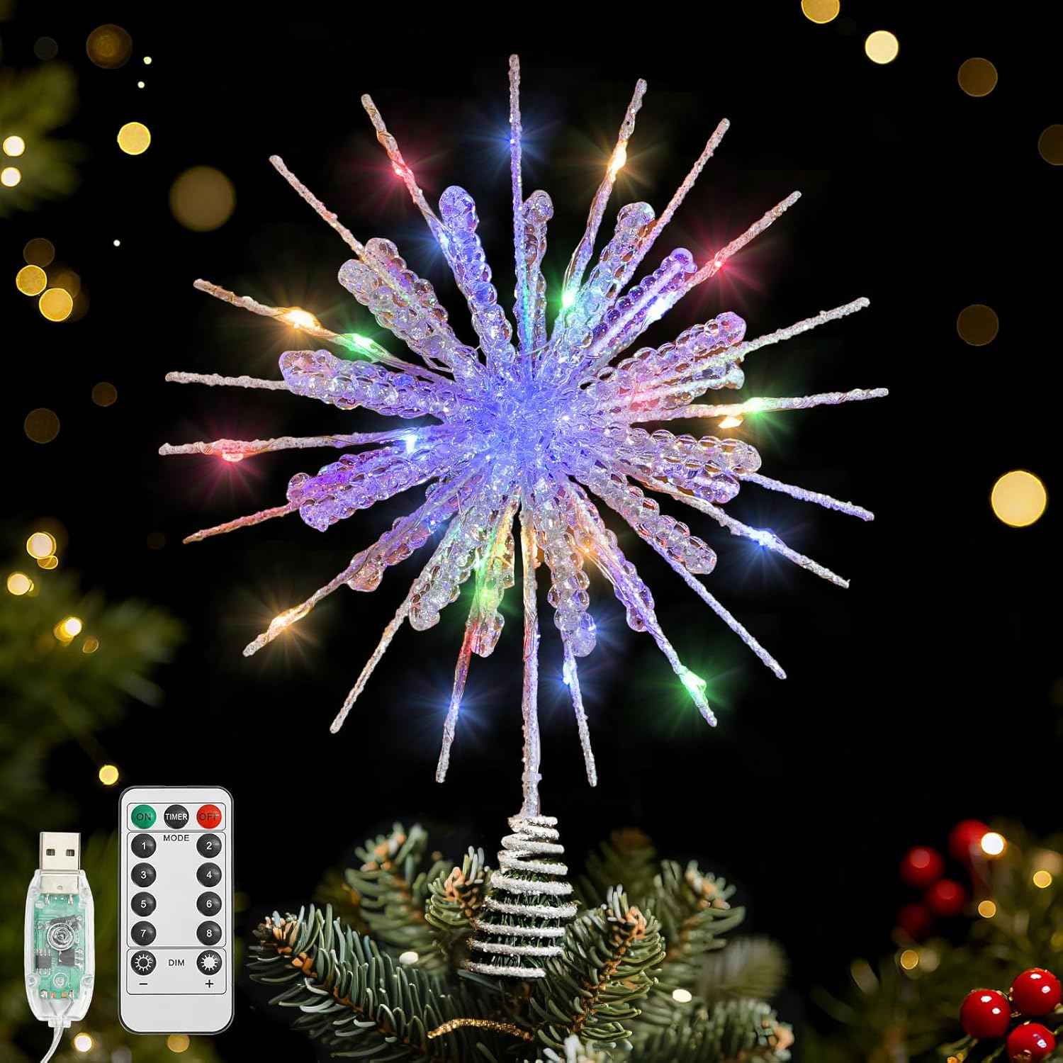 Lewondr Snowflake Tree Topper – Cozy Christmas Bedroom Decor, 12.2in Lighted Xmas Topper with Glittered Epoxy Finish