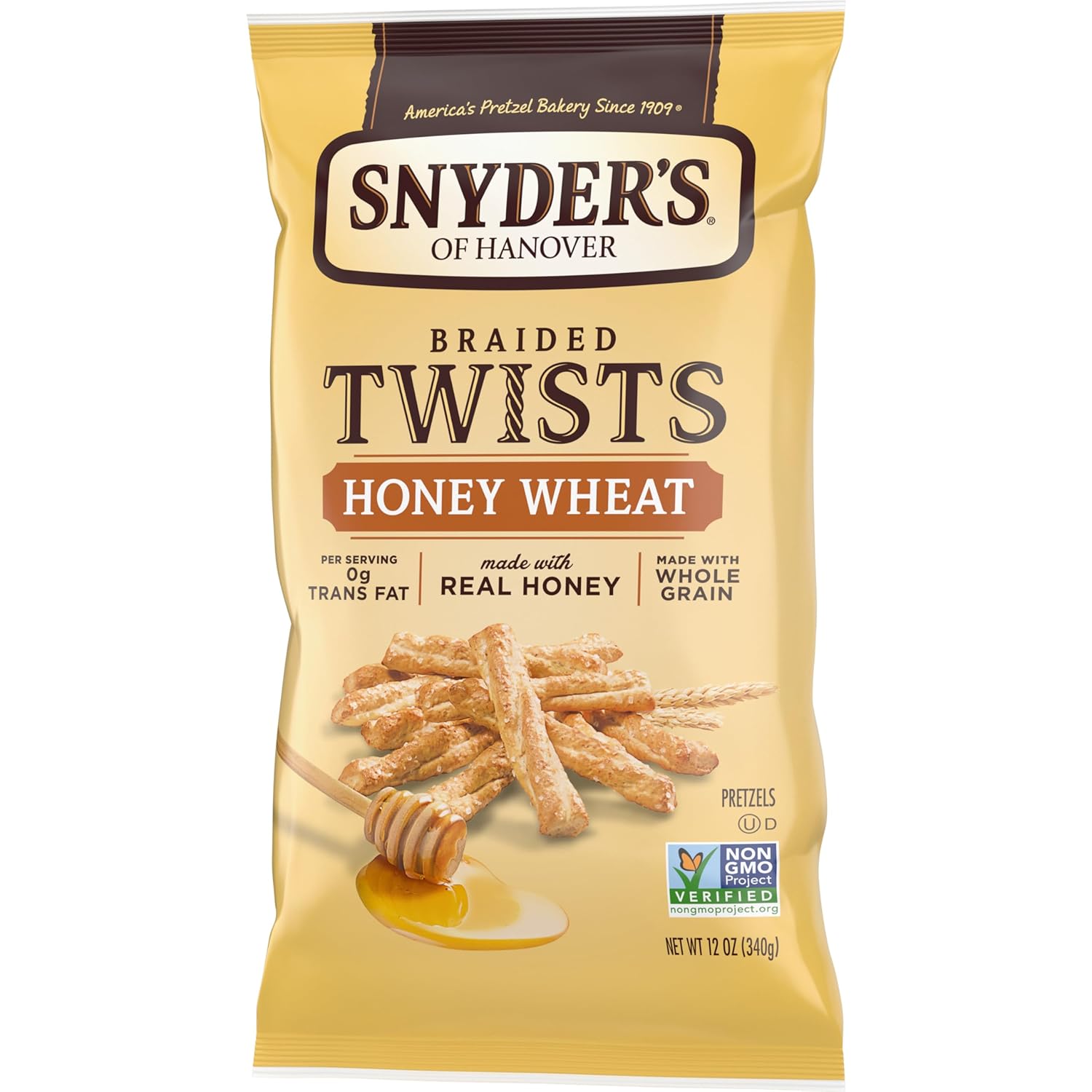 Snyder's of Hanover Honey Wheat Braided Pretzel Twists – Guilt-Free Pantry Snack with 2g Fat, 12 oz Bag