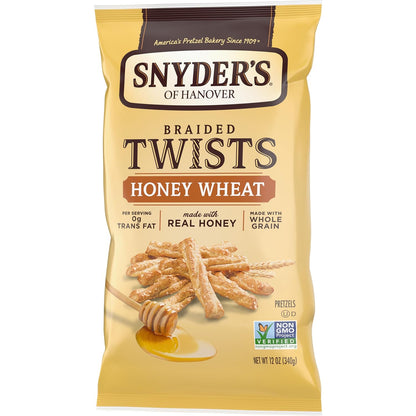 Snyder's of Hanover Honey Wheat Braided Pretzel Twists – Guilt-Free Pantry Snack with 2g Fat, 12 oz Bag