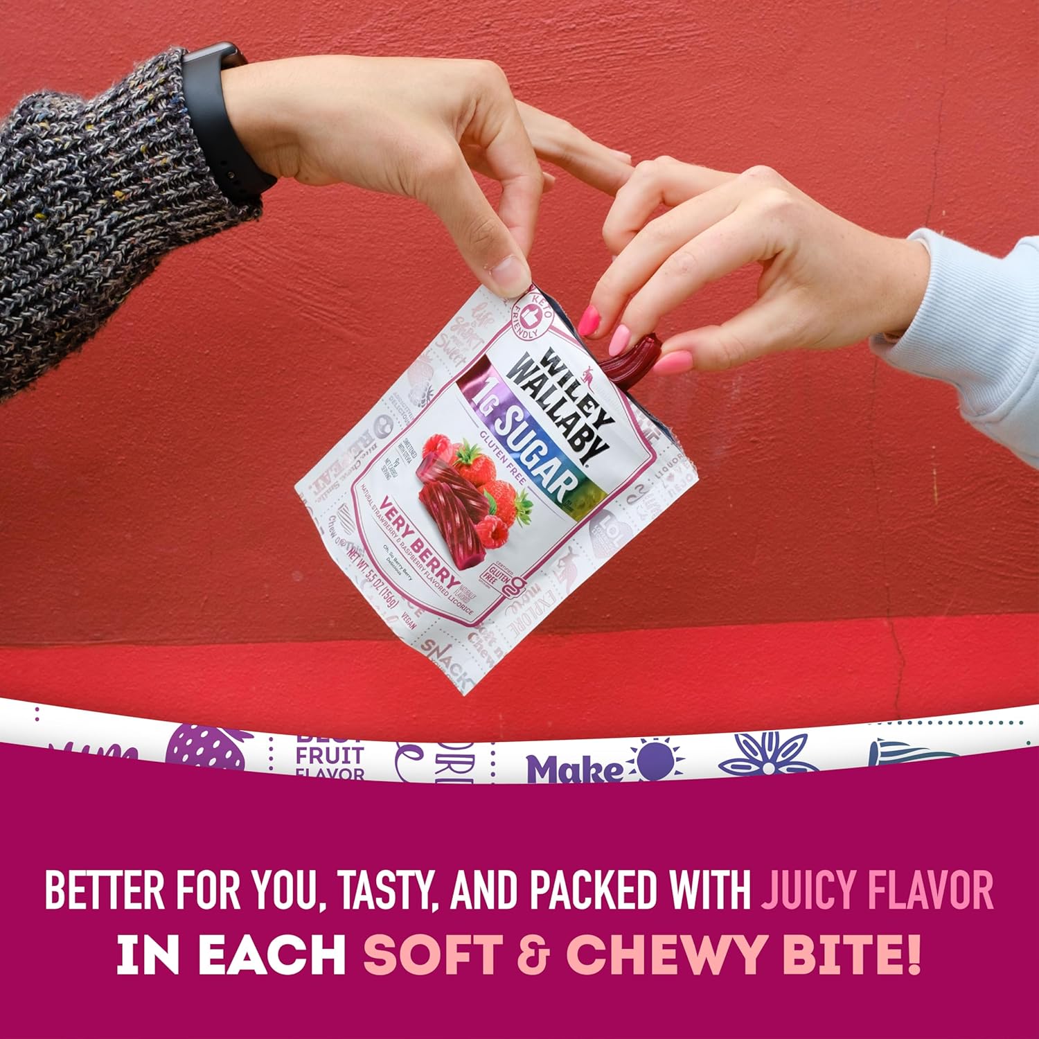 soft and chewy australian-style twisted licorice in very berry (strawberry + raspberry) and watermelon flavors