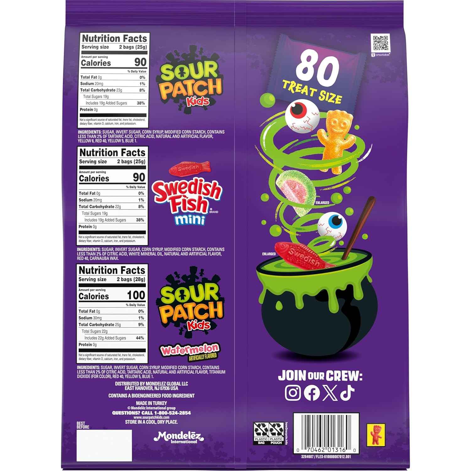 SOUR PATCH KIDS and SWEDISH FISH Halloween Candy Variety Pack for Kids Classroom Parties, Bulk 80 Trick or Treat Bags