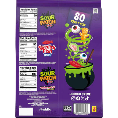 SOUR PATCH KIDS and SWEDISH FISH Halloween Candy Variety Pack for Kids Classroom Parties, Bulk 80 Trick or Treat Bags