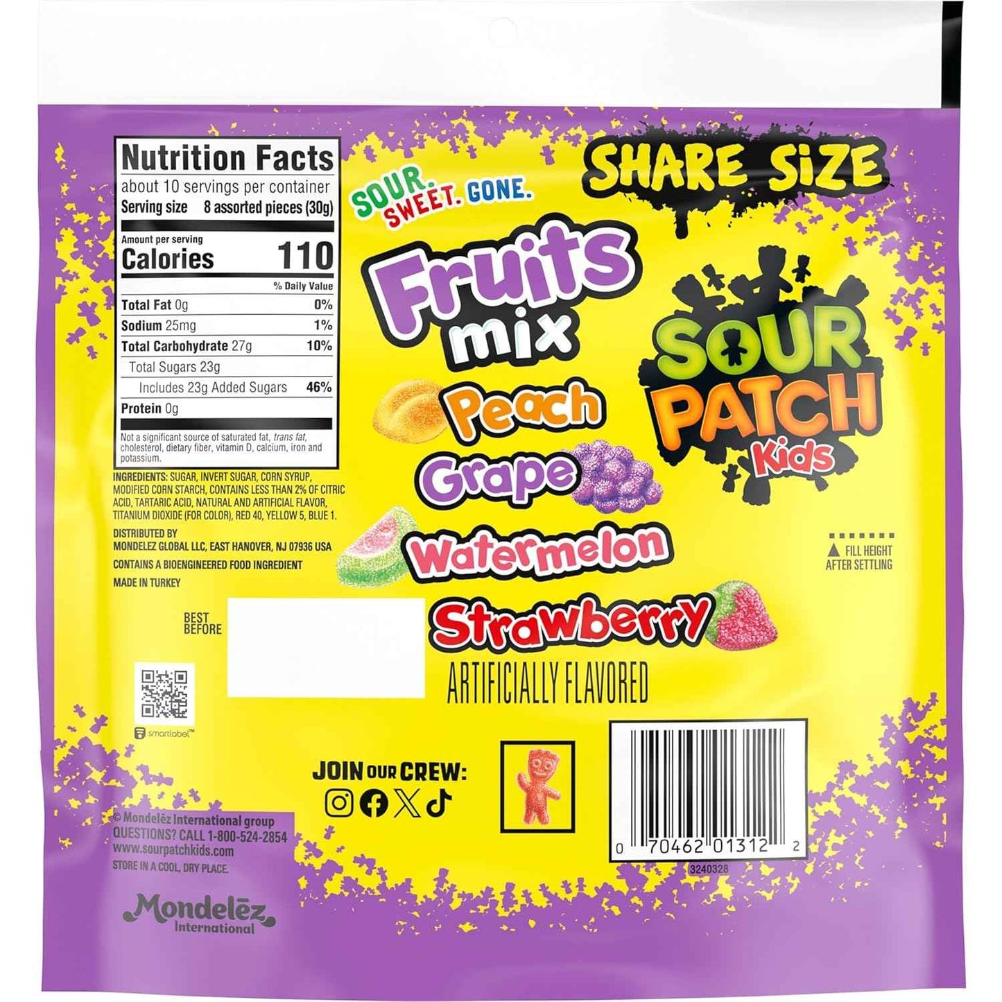 SOUR PATCH KIDS Fruits Mix Gummy Candy for Holiday Gift Baskets and Birthday Care Packages, 11.03 oz